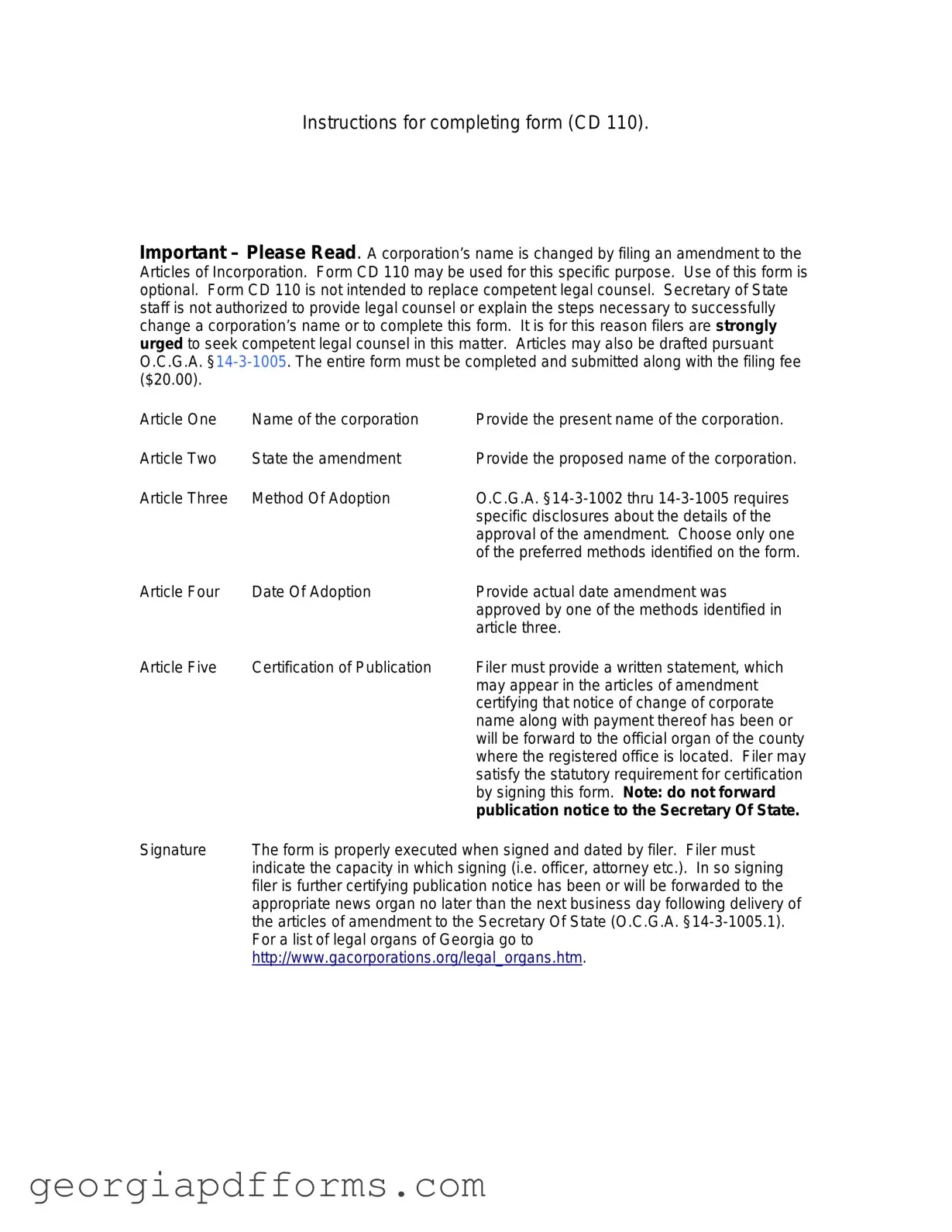 Fill a Valid Articles Of Amendment Georgia Cd 110 Template