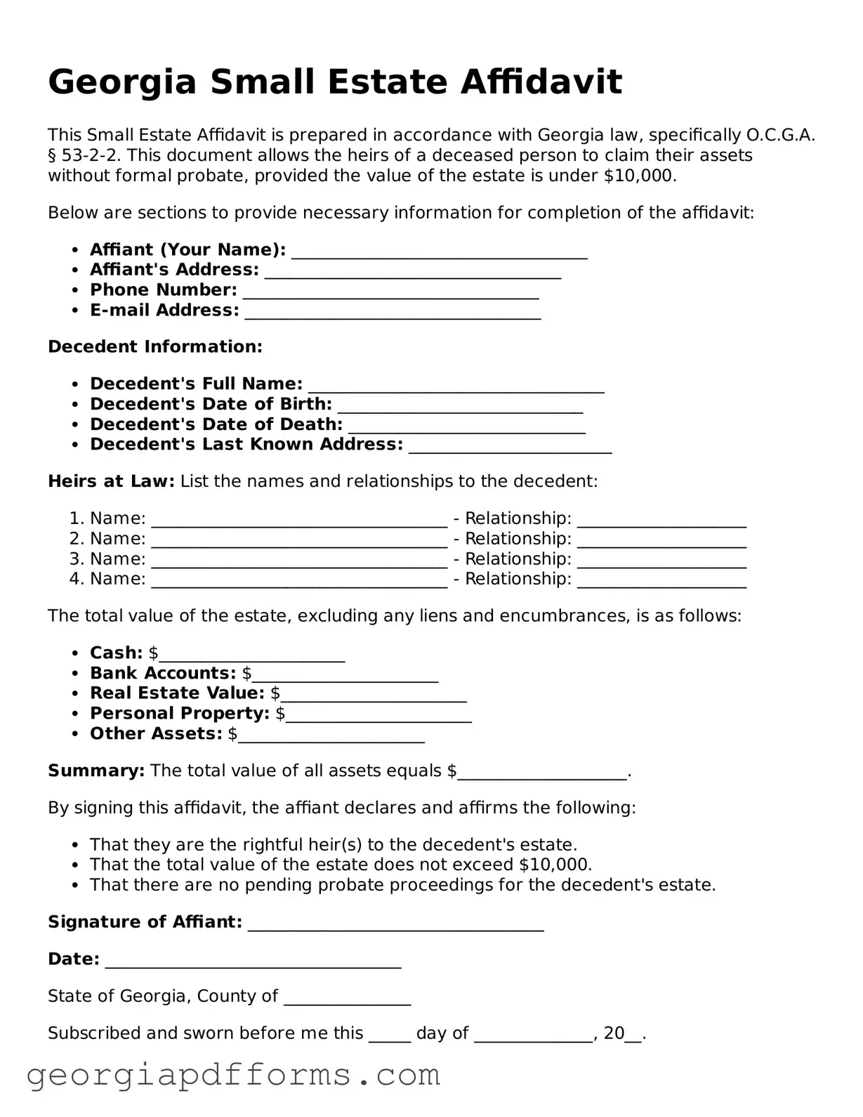 Official Small Estate Affidavit Document for Georgia State