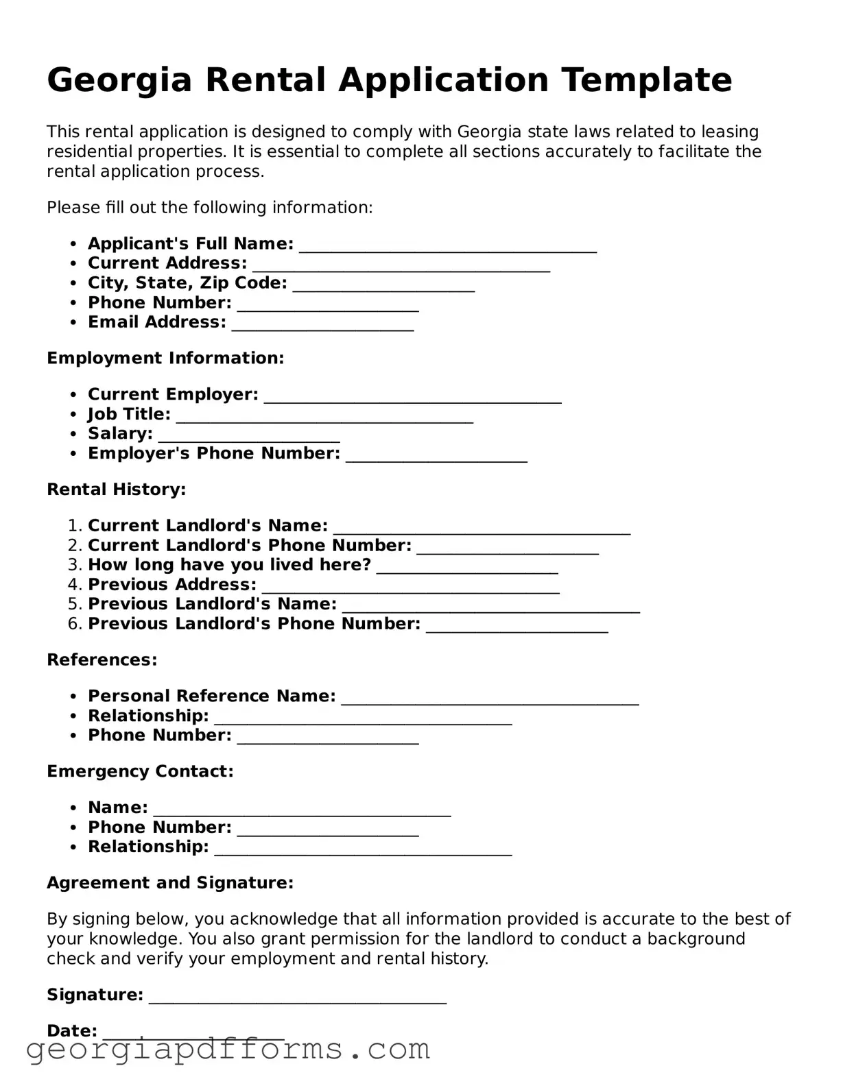 Official Rental Application Document for Georgia State