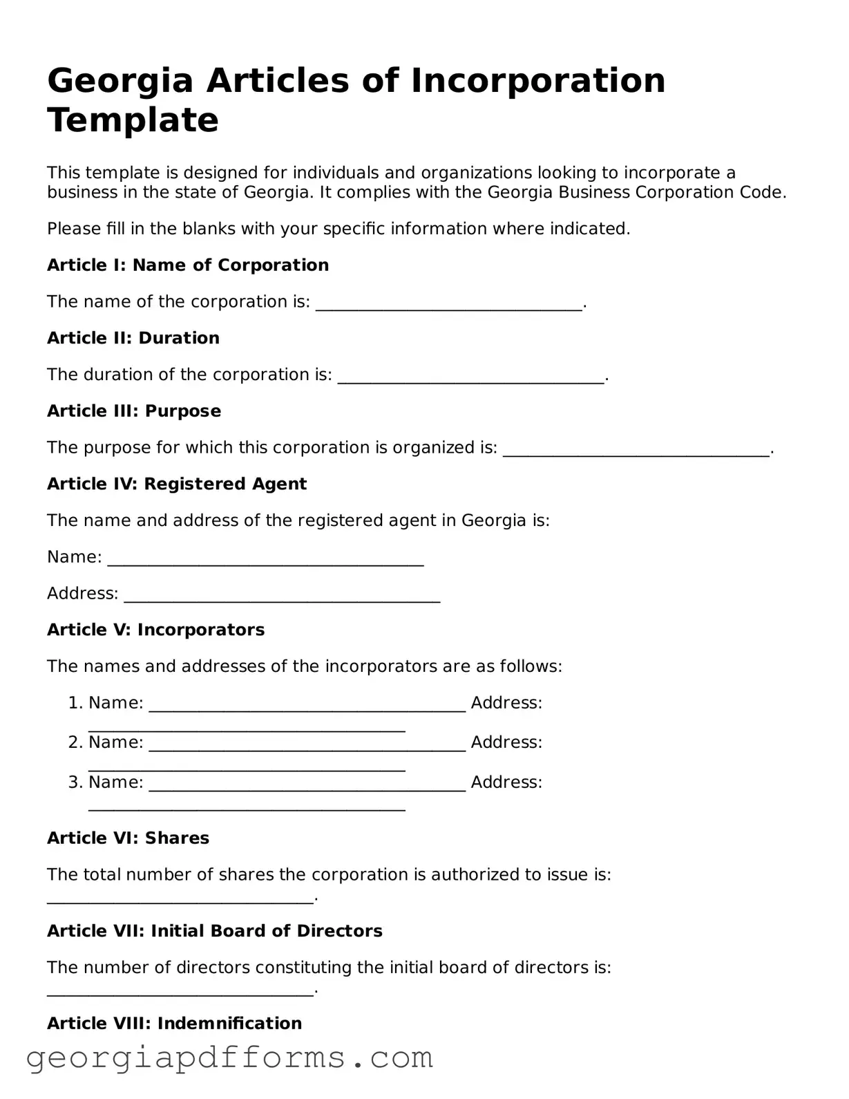 Official Articles of Incorporation Document for Georgia State