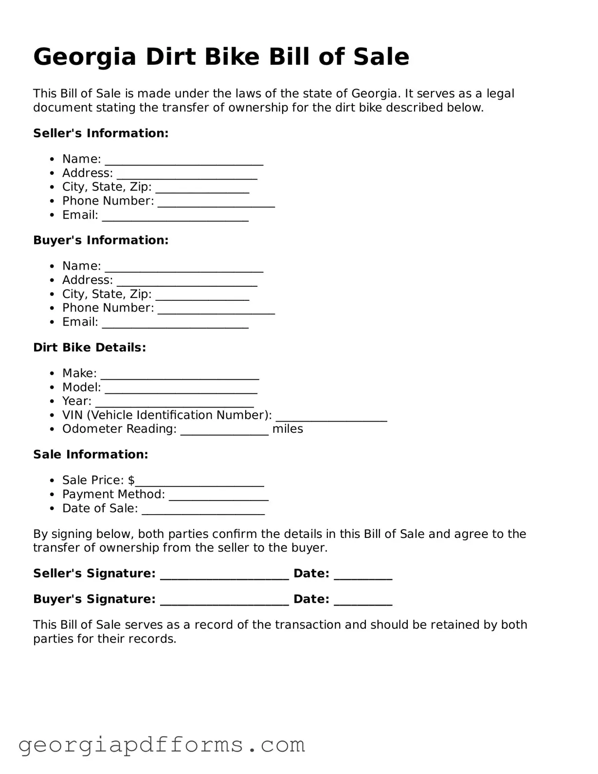 Official Dirt Bike Bill of Sale Document for Georgia State