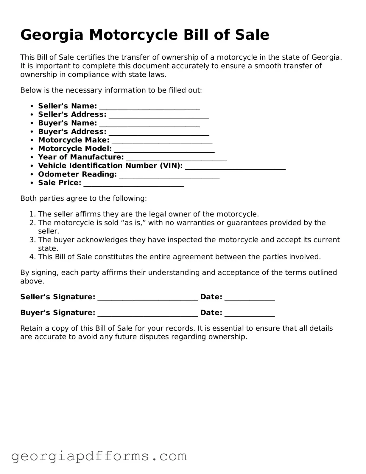 Official Motorcycle Bill of Sale Document for Georgia State