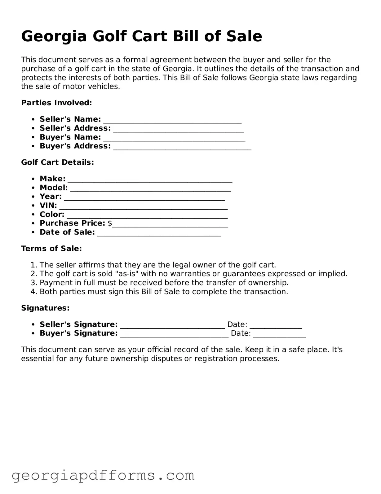 Official Golf Cart Bill of Sale Document for Georgia State