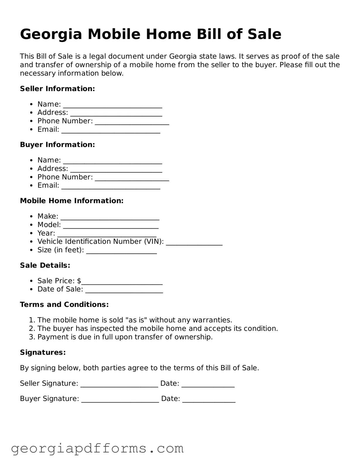 Official Mobile Home Bill of Sale Document for Georgia State