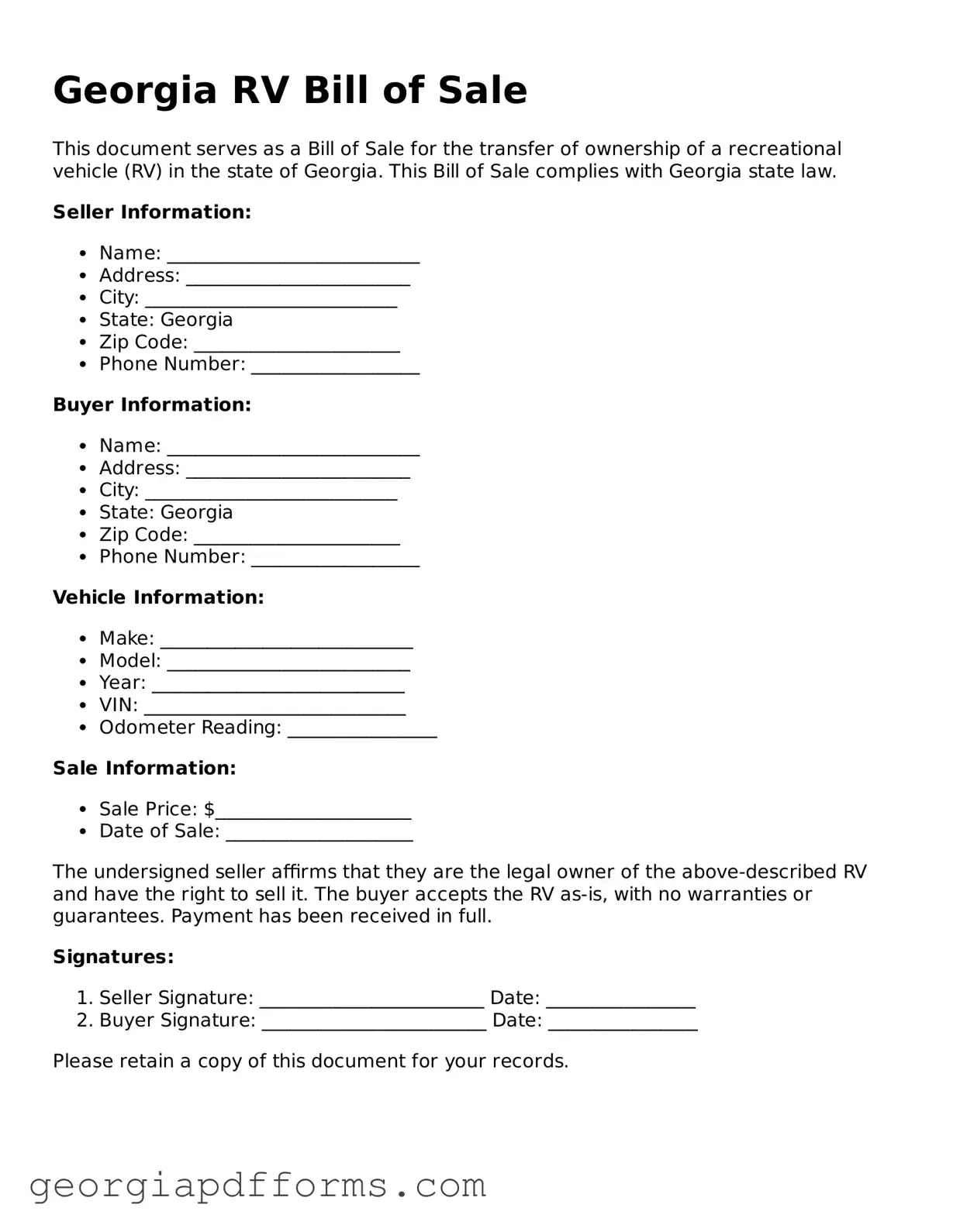 Official RV Bill of Sale Document for Georgia State