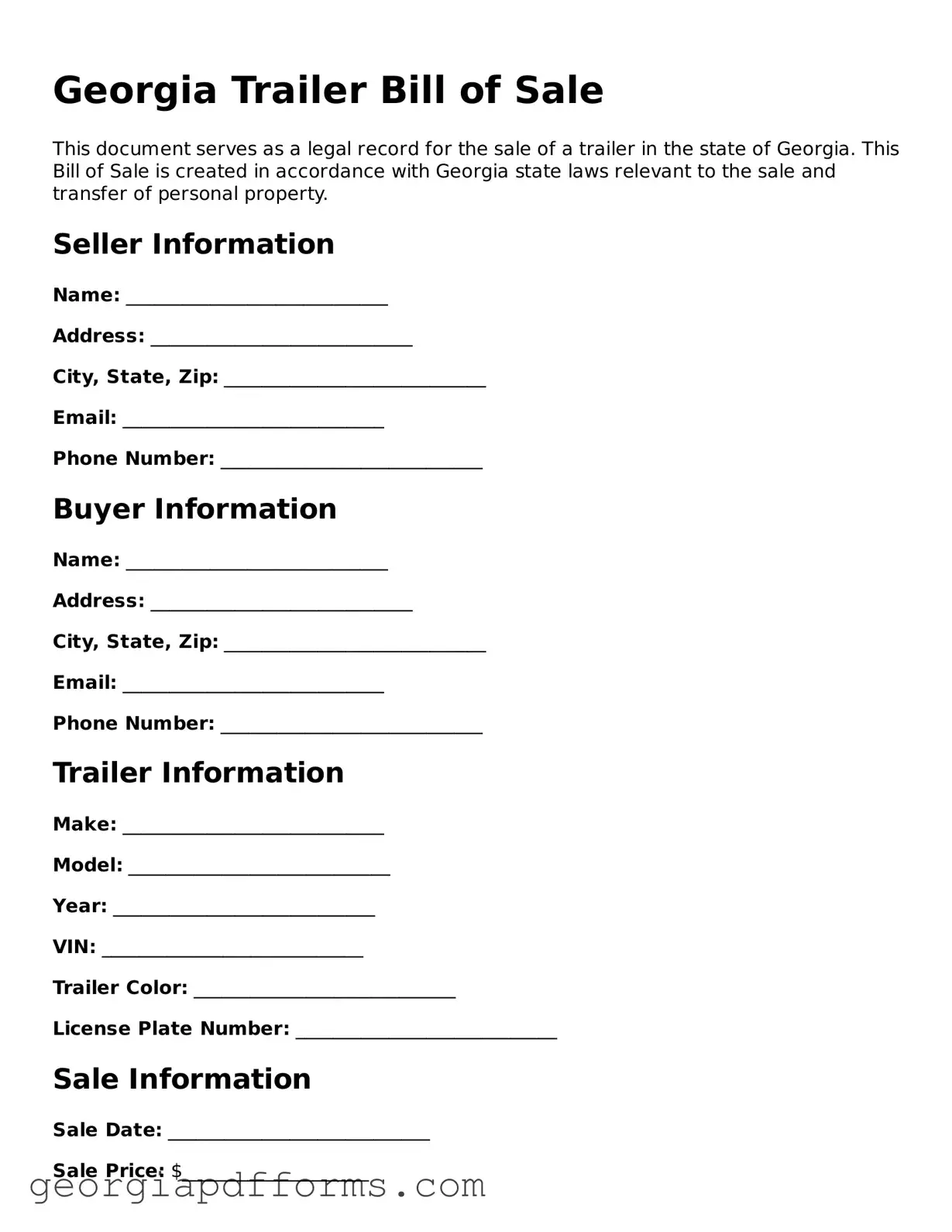 Official Trailer Bill of Sale Document for Georgia State