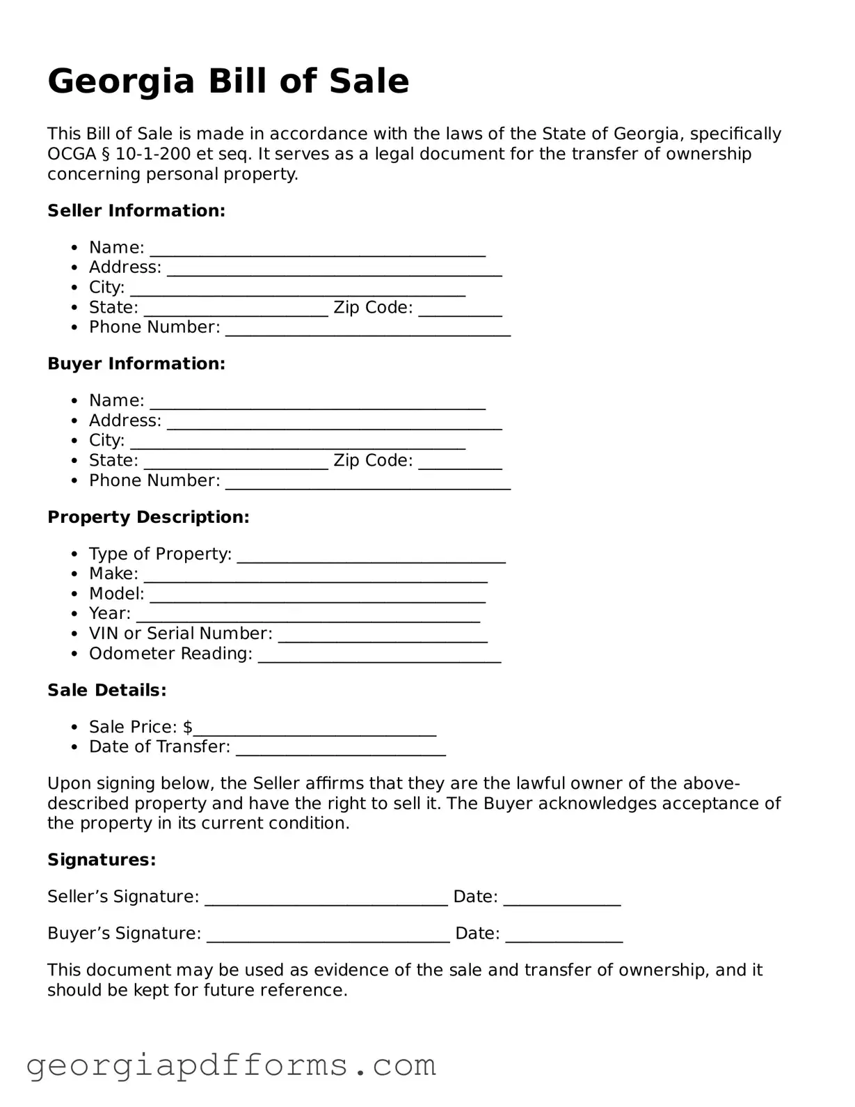 Official Bill of Sale Document for Georgia State