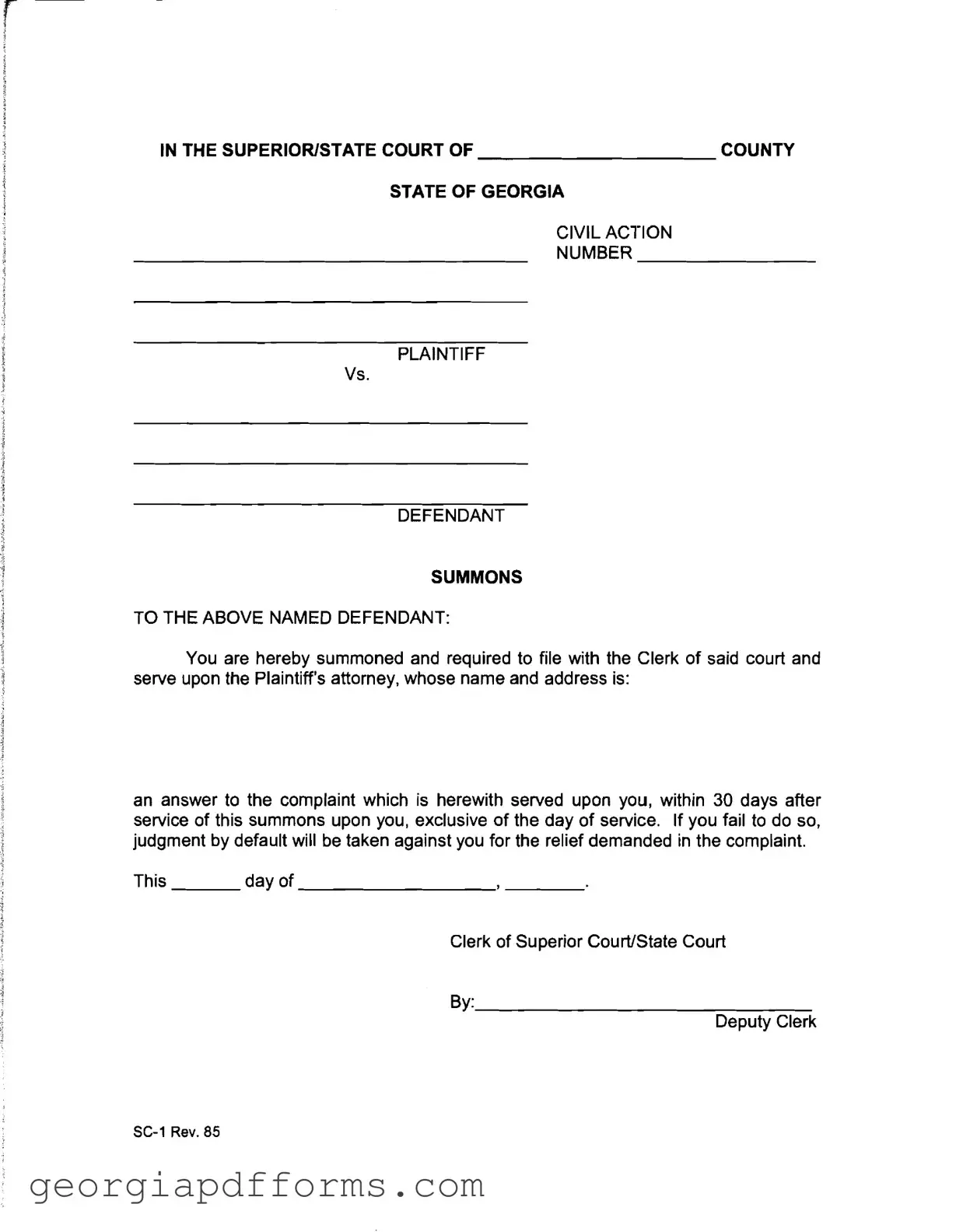 Fill a Valid Georgia Civil Summons Template