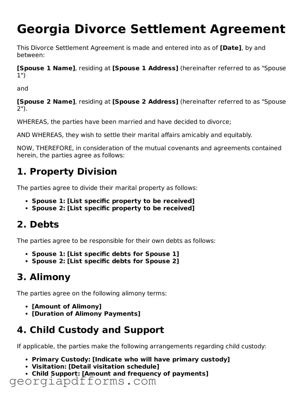 Official Divorce Settlement Agreement Document for Georgia State