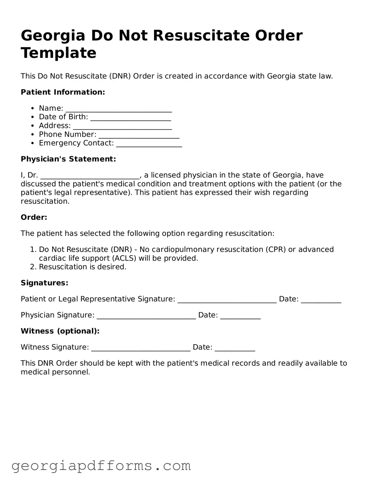 Official Do Not Resuscitate Order Document for Georgia State