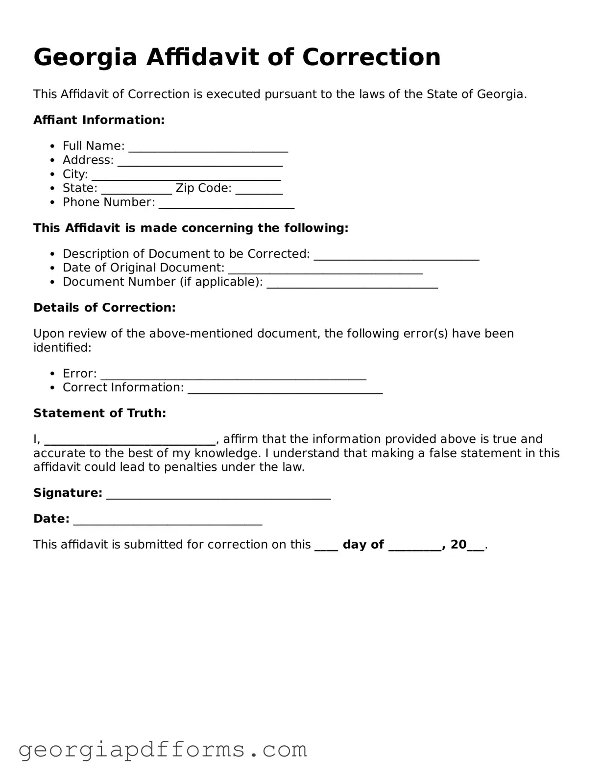 Official Affidavit of Correction Document for Georgia State