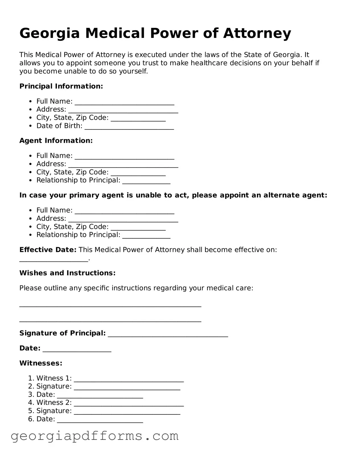 Official Medical Power of Attorney Document for Georgia State