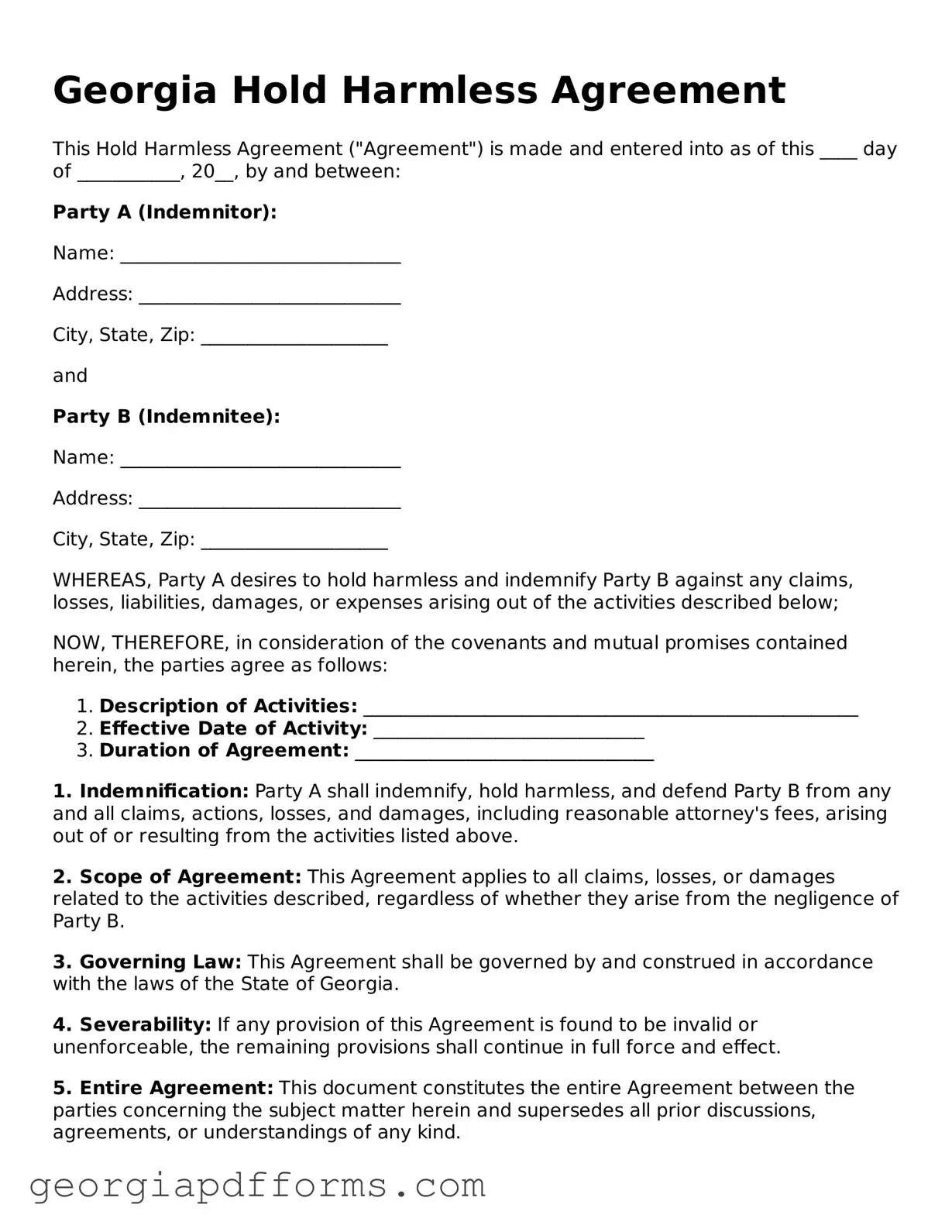 Official Hold Harmless Agreement Document for Georgia State