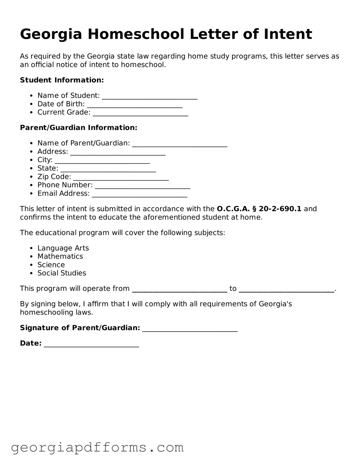 Official Homeschool Letter of Intent Document for Georgia State