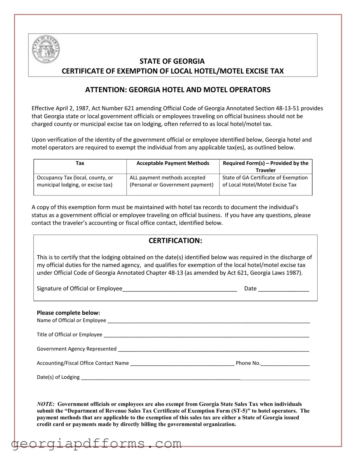 Fill a Valid Georgia Hotel Tax Template