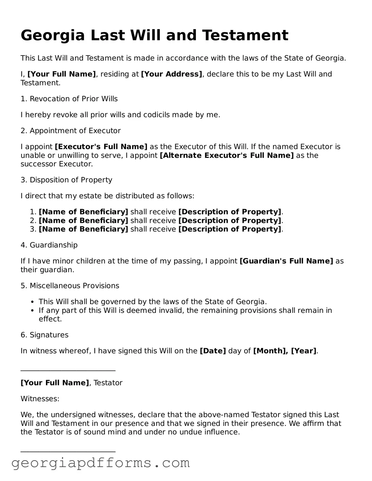 Official Last Will and Testament Document for Georgia State