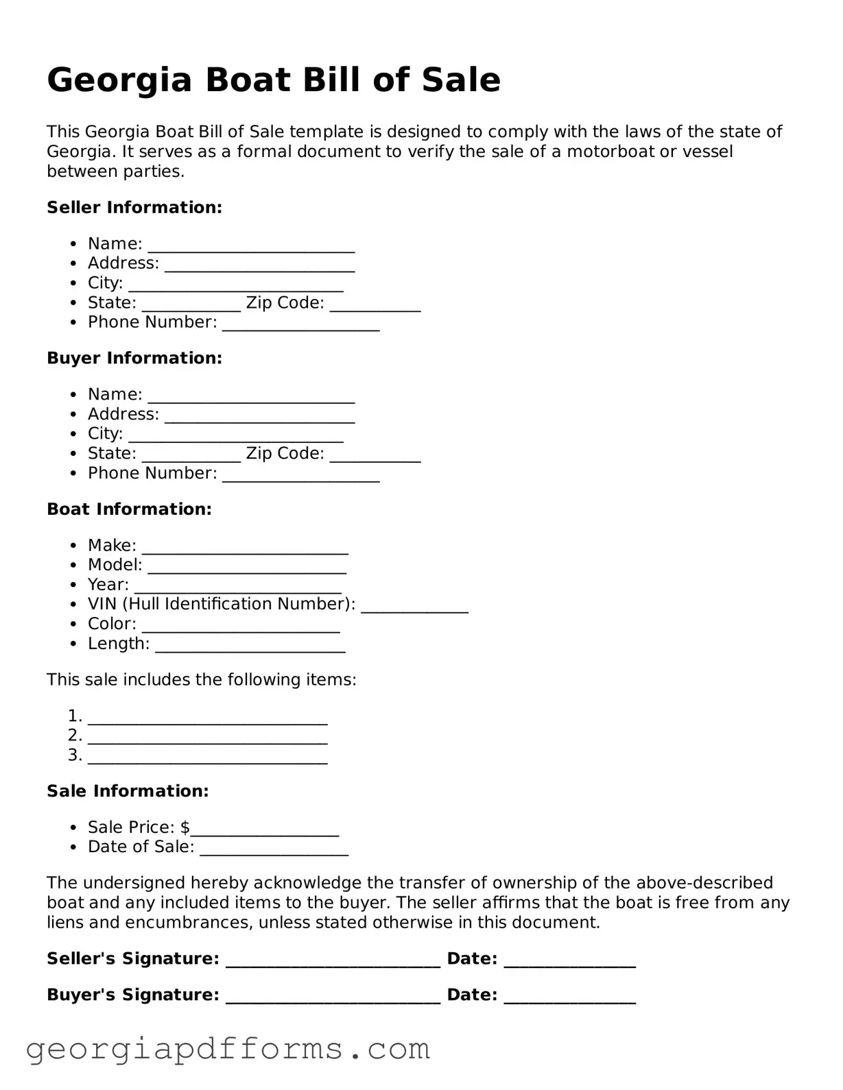 Official Boat Bill of Sale Document for Georgia State