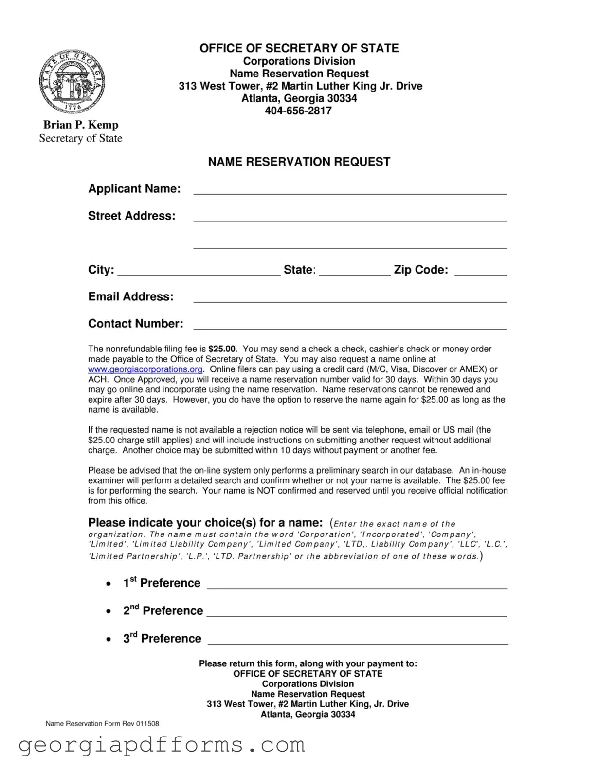 Fill a Valid Georgia Name Reservation Template