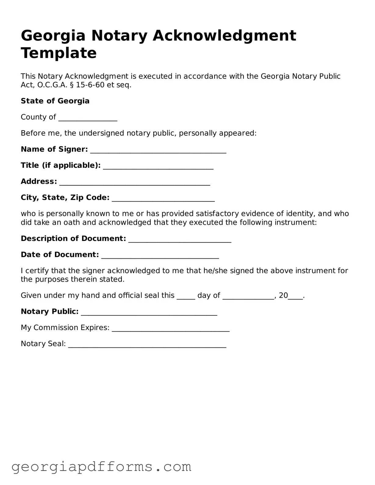 Official Notary Acknowledgement Document for Georgia State