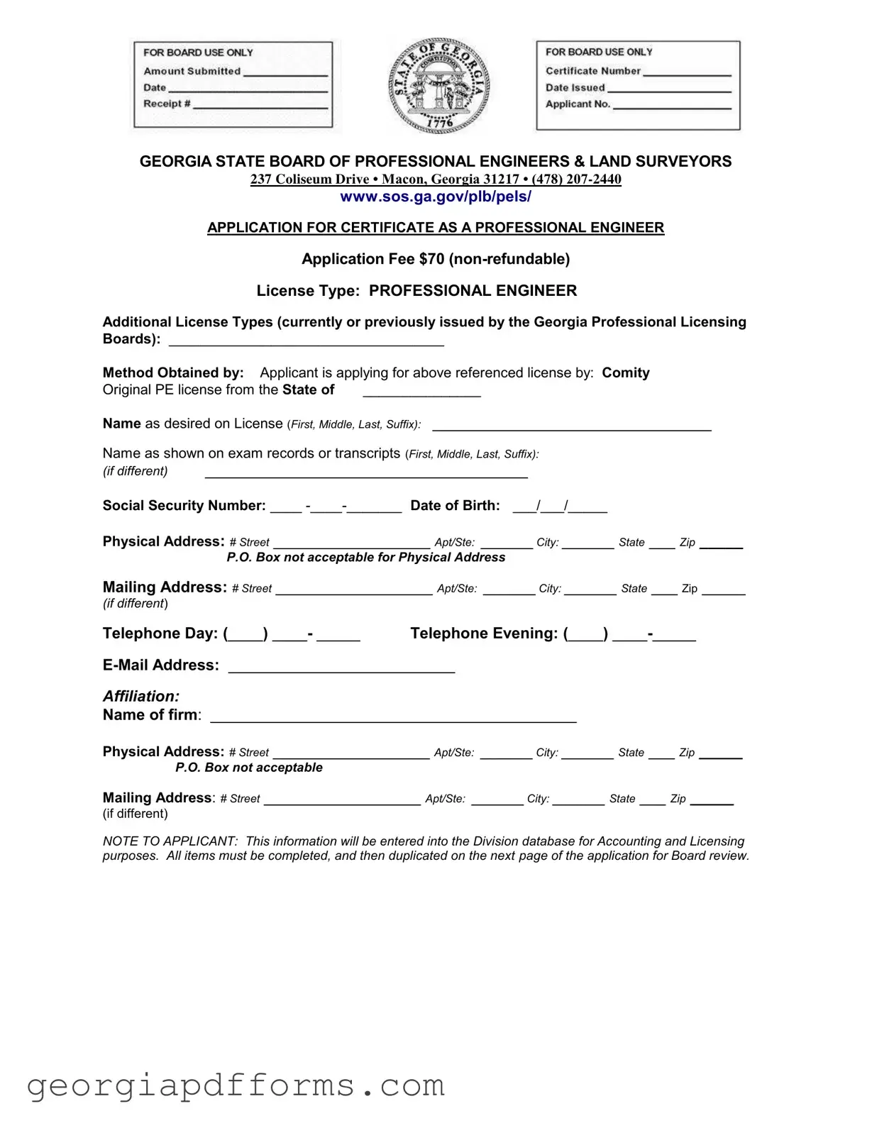 Fill a Valid Georgia Pe Comity Application Template