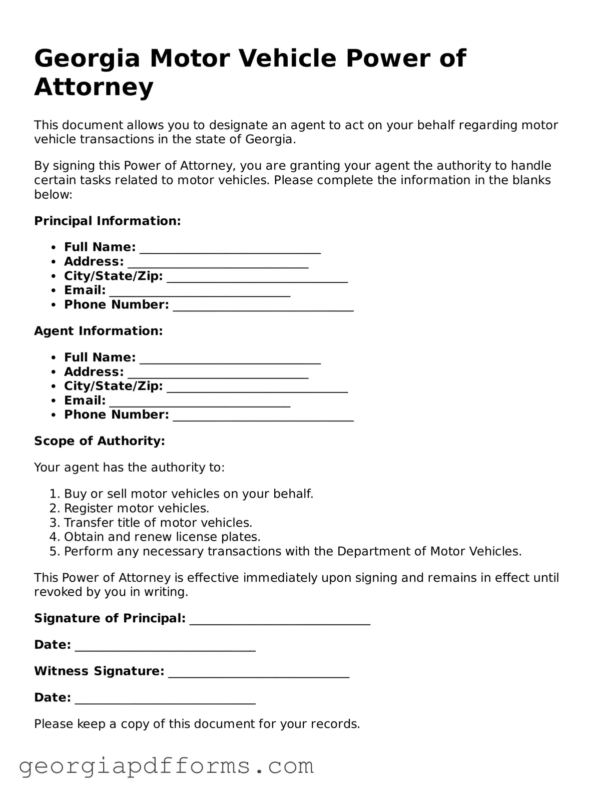 Official Motor Vehicle Power of Attorney Document for Georgia State