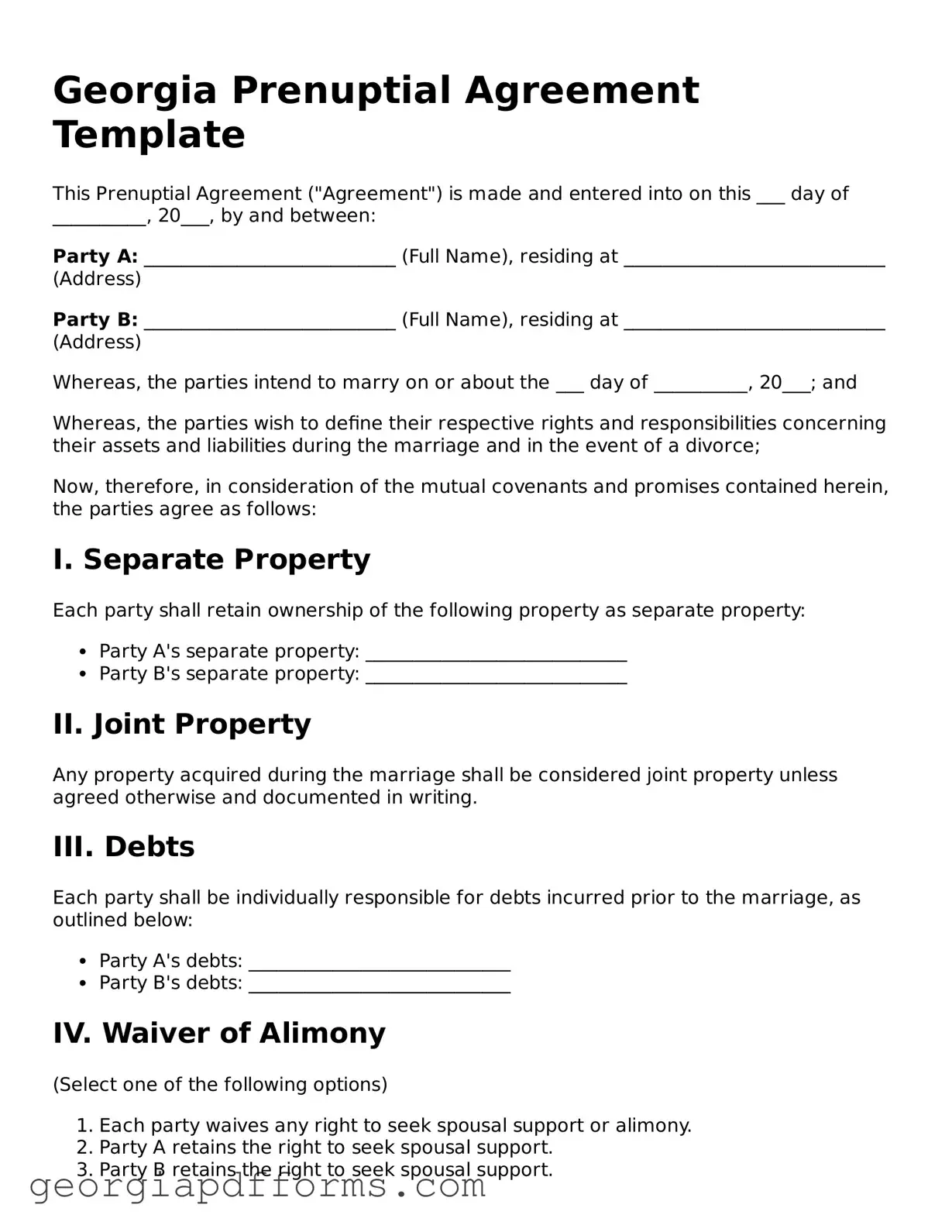 Official Prenuptial Agreement Document for Georgia State