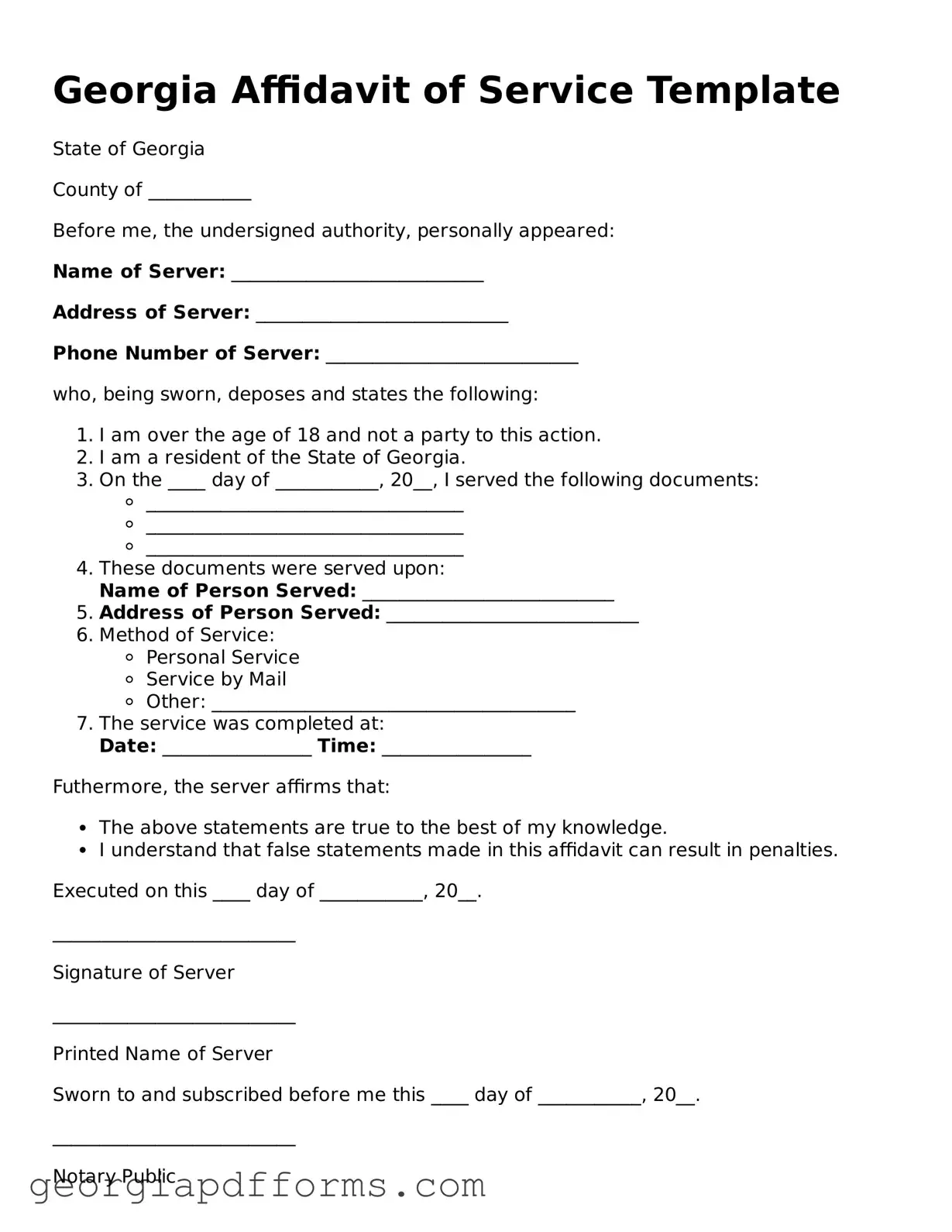 Official Affidavit of Service Document for Georgia State