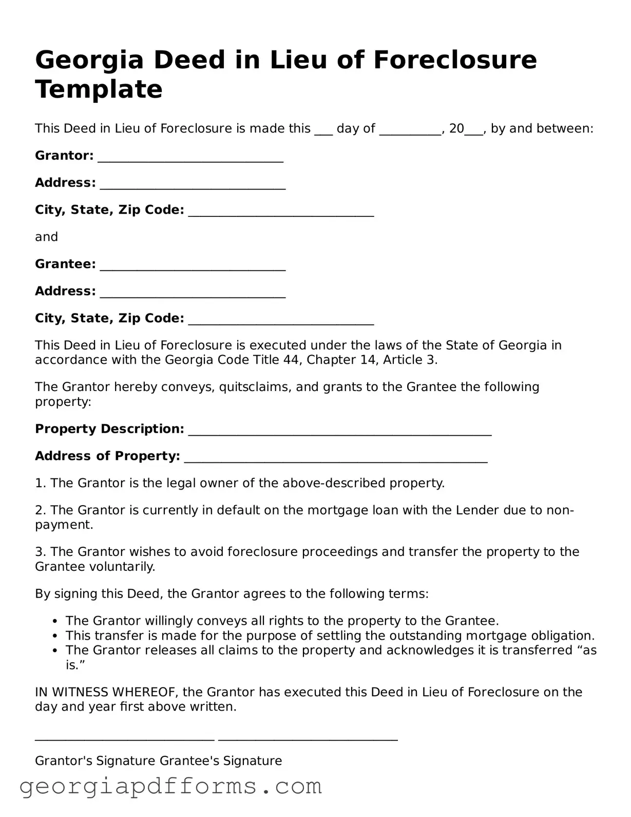 Official Deed in Lieu of Foreclosure Document for Georgia State