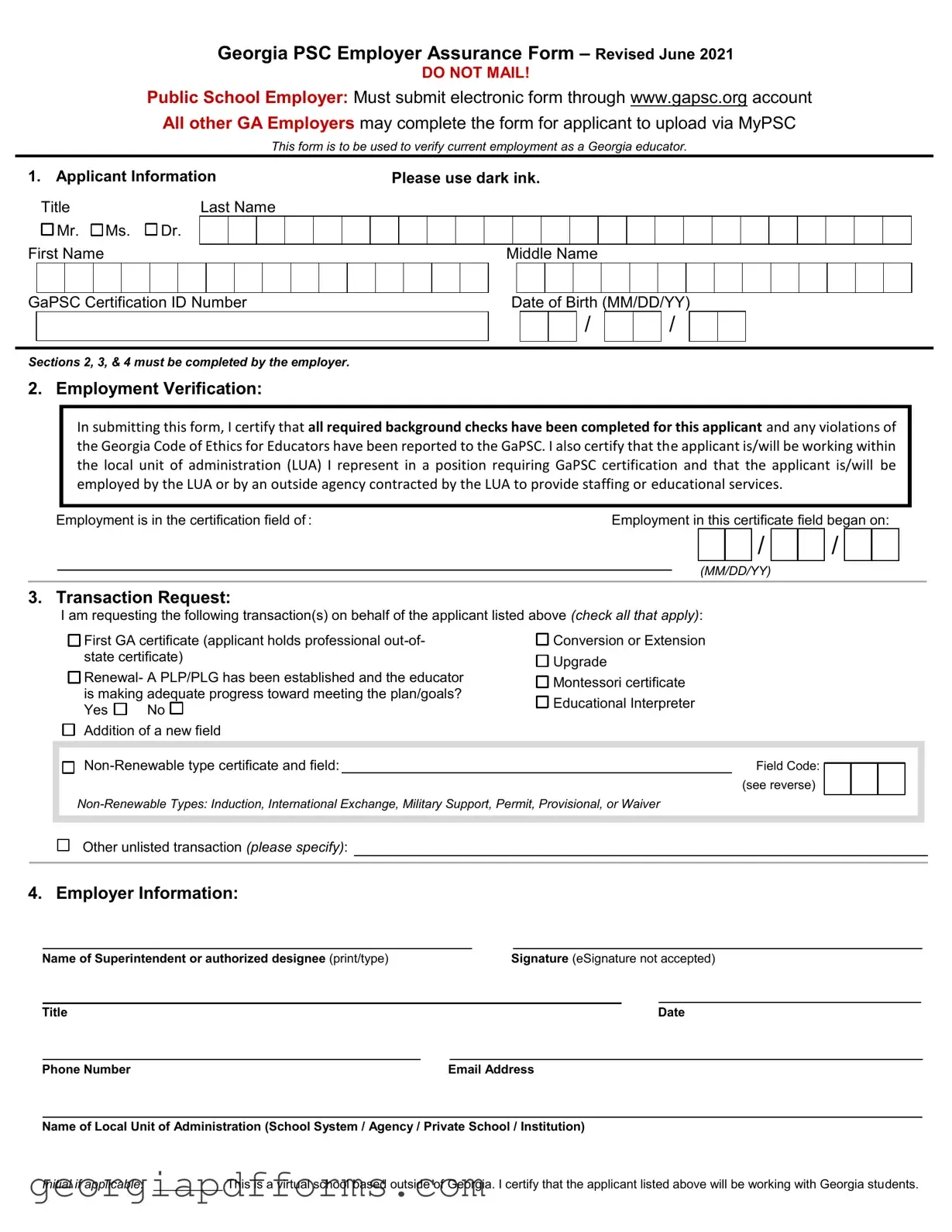 Fill a Valid Georgia Psc Employer Assurance Template