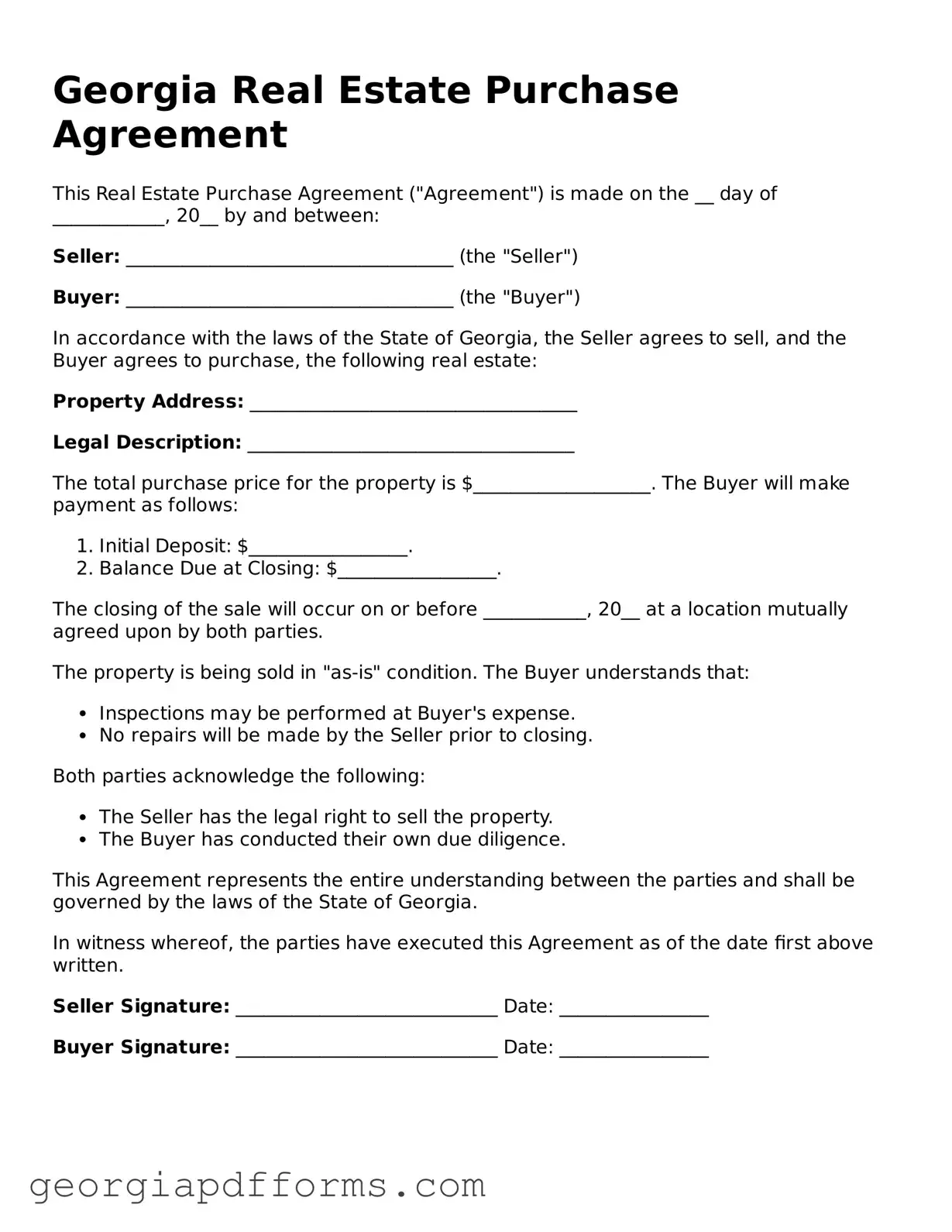 Official Real Estate Purchase Agreement Document for Georgia State