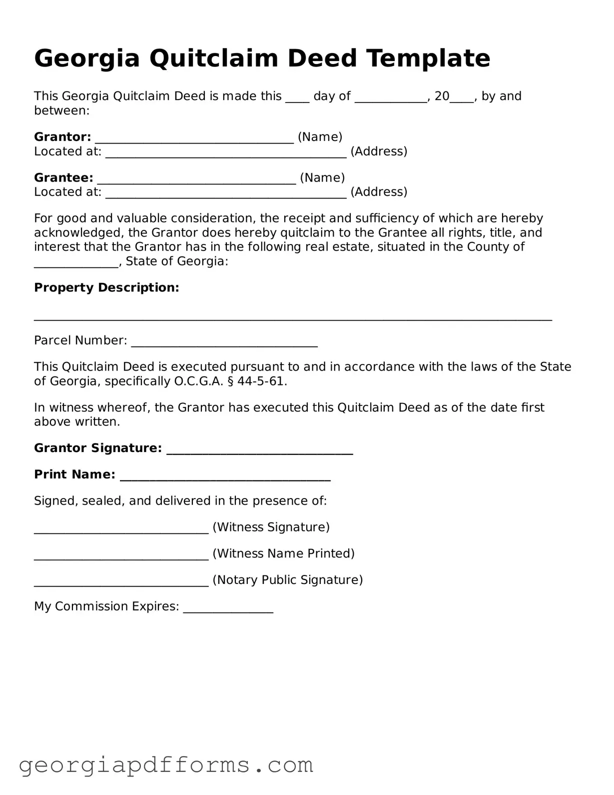 Official Quitclaim Deed Document for Georgia State