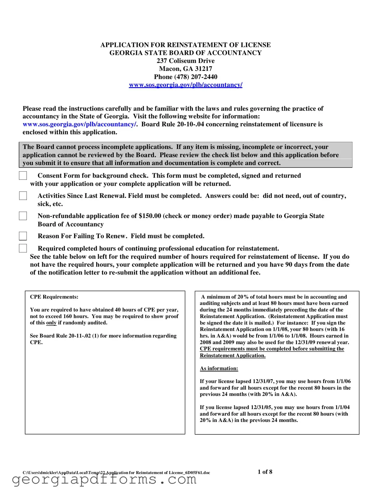 Fill a Valid Georgia Reinstatement Nursing Template