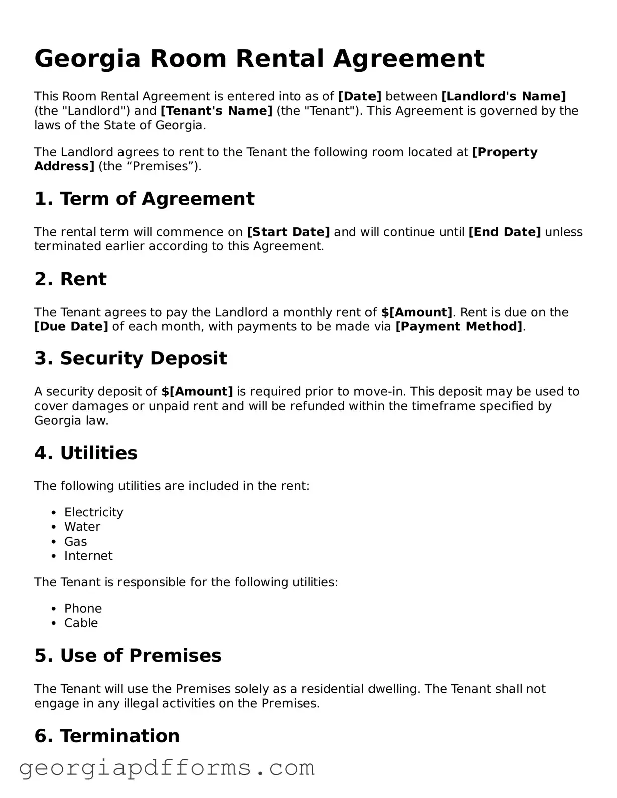 Official Room Rental Agreement Document for Georgia State