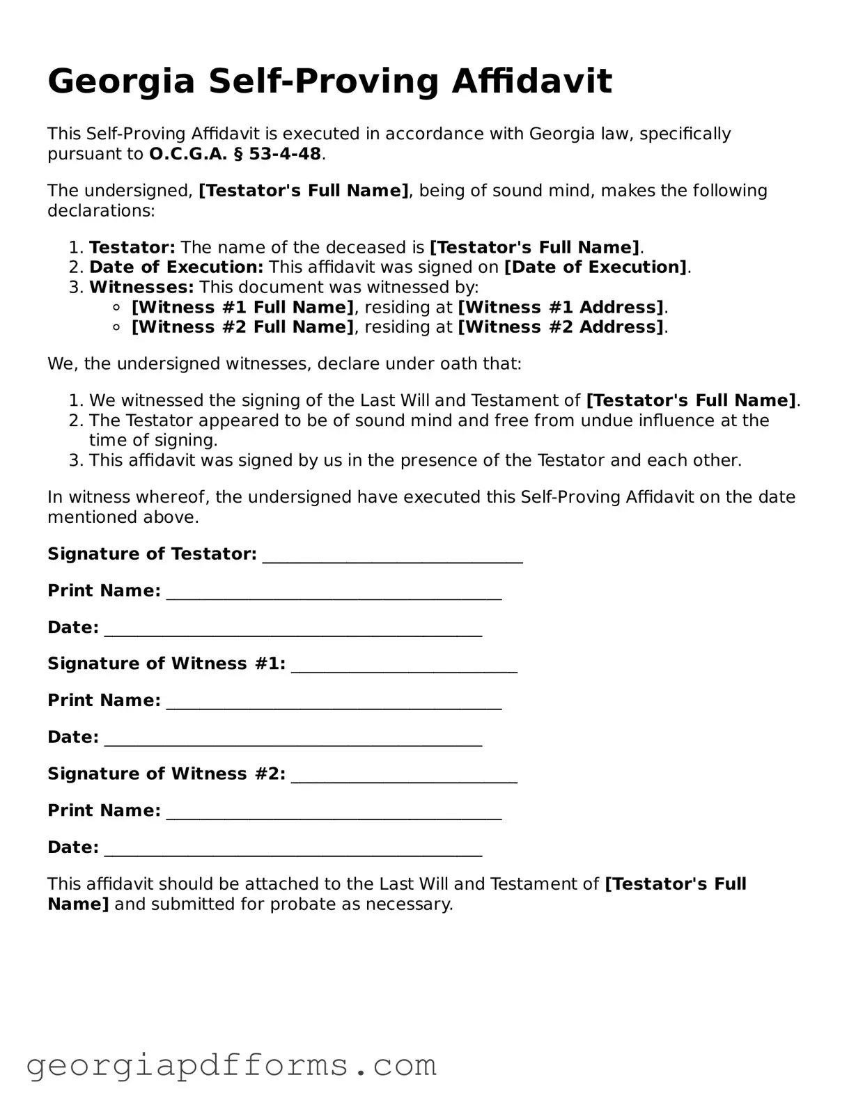 Official Self-Proving Affidavit Document for Georgia State
