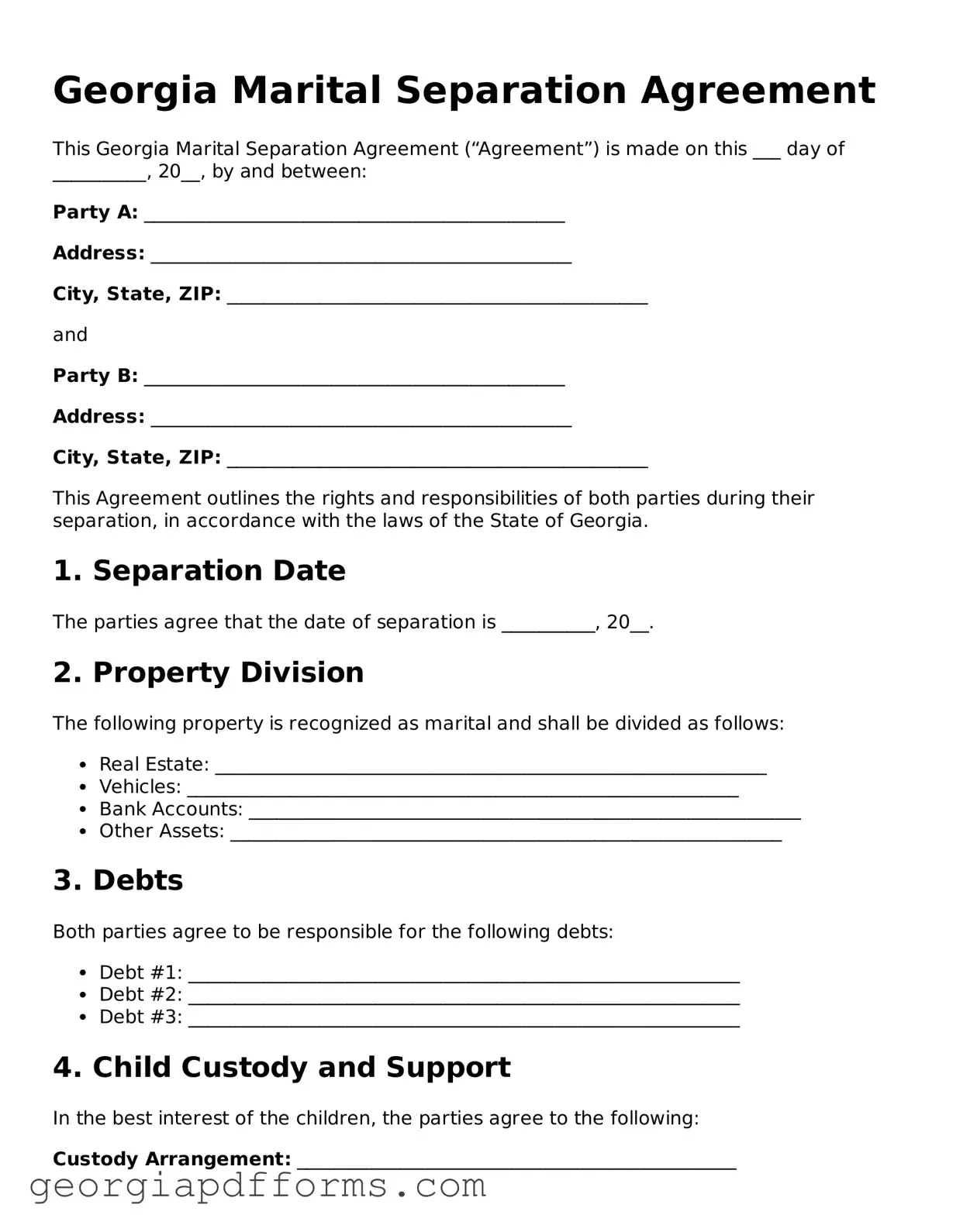 Official Marital Separation Agreement Document for Georgia State