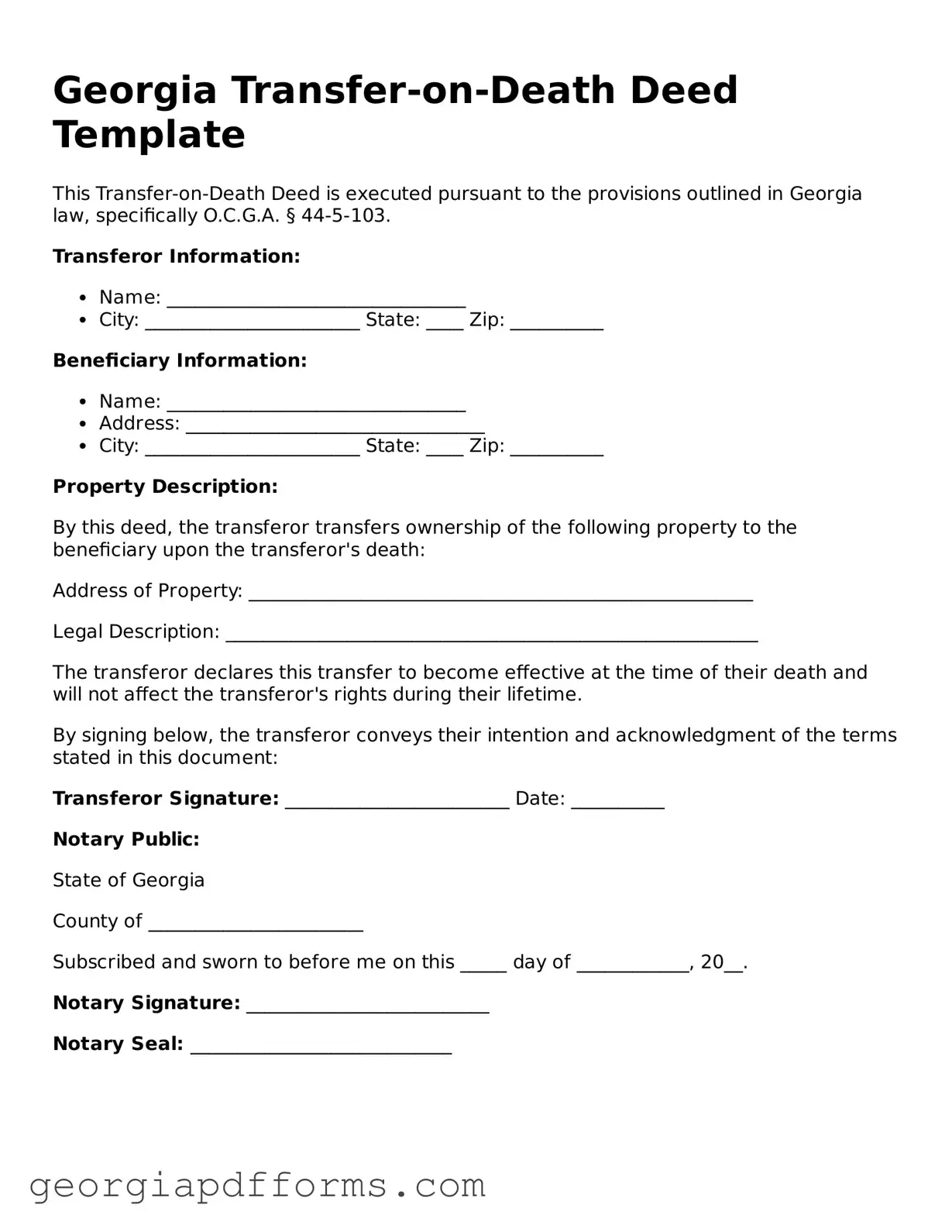 Official Transfer-on-Death Deed Document for Georgia State