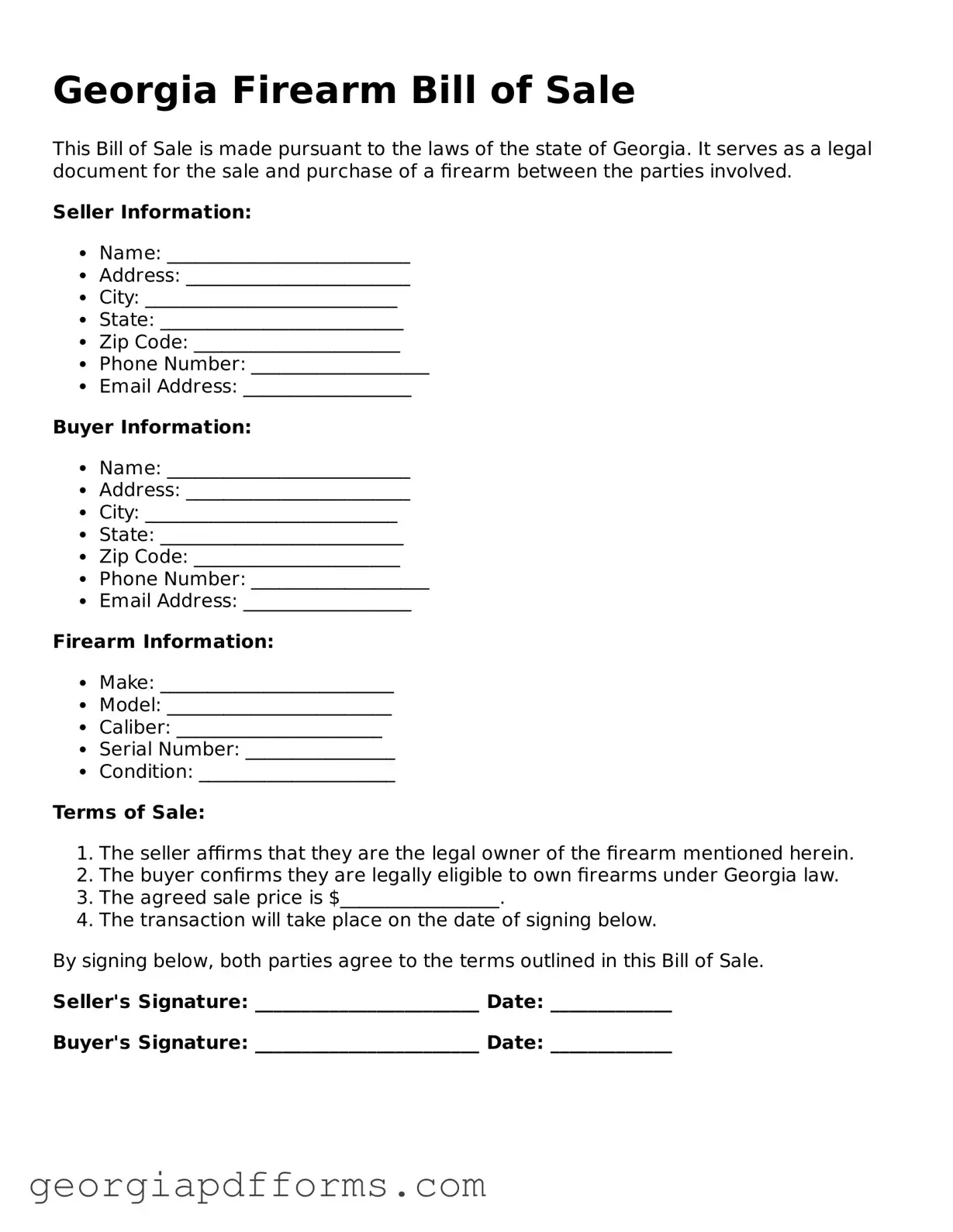 Official Firearm Bill of Sale Document for Georgia State