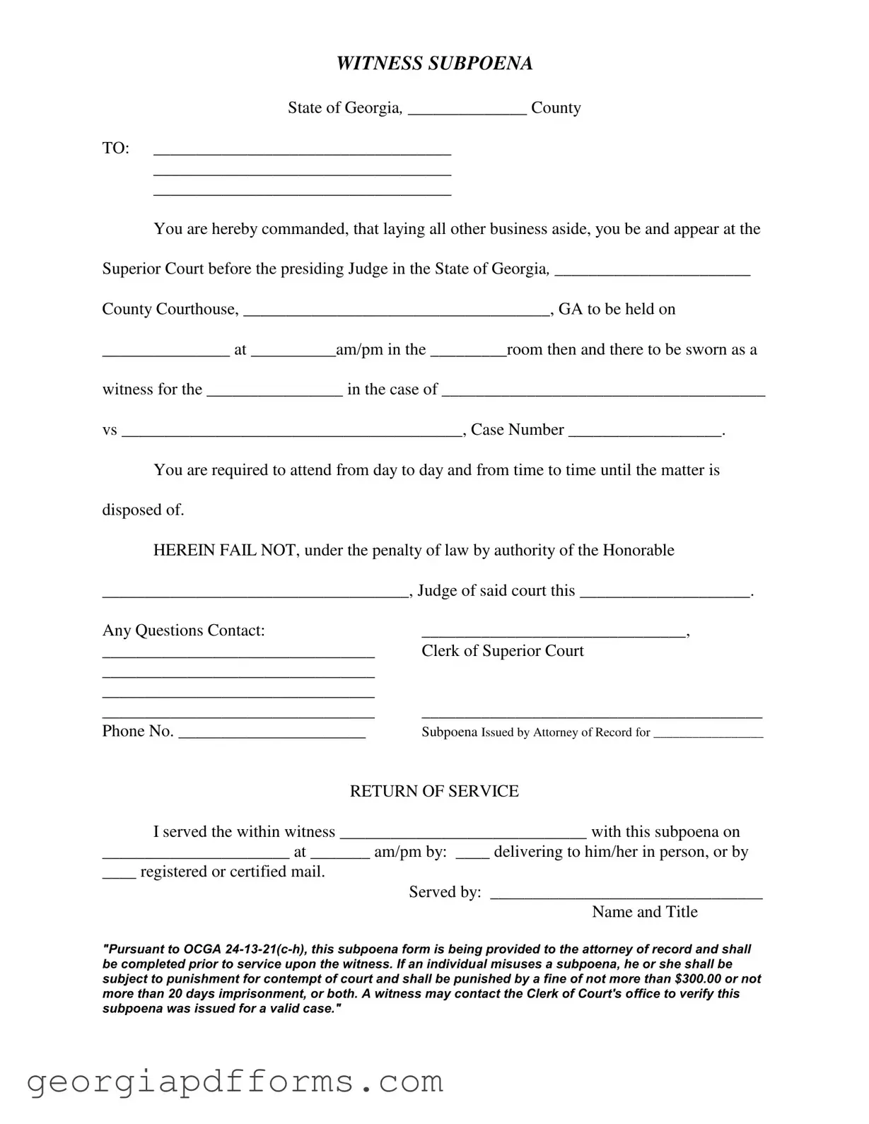 Fill a Valid Georgia Witness Subpoena Template