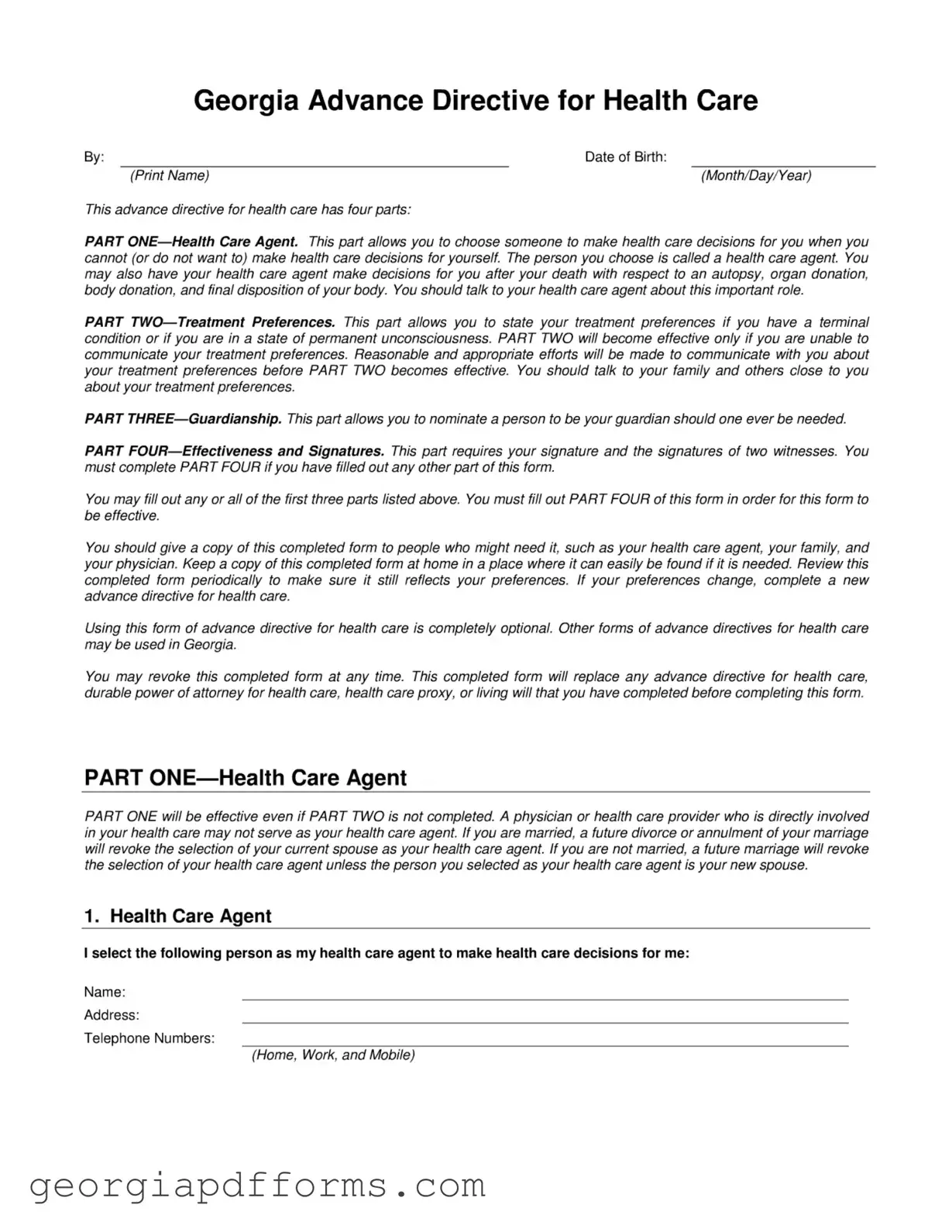 Fill a Valid Health Care Directive Georgia Template
