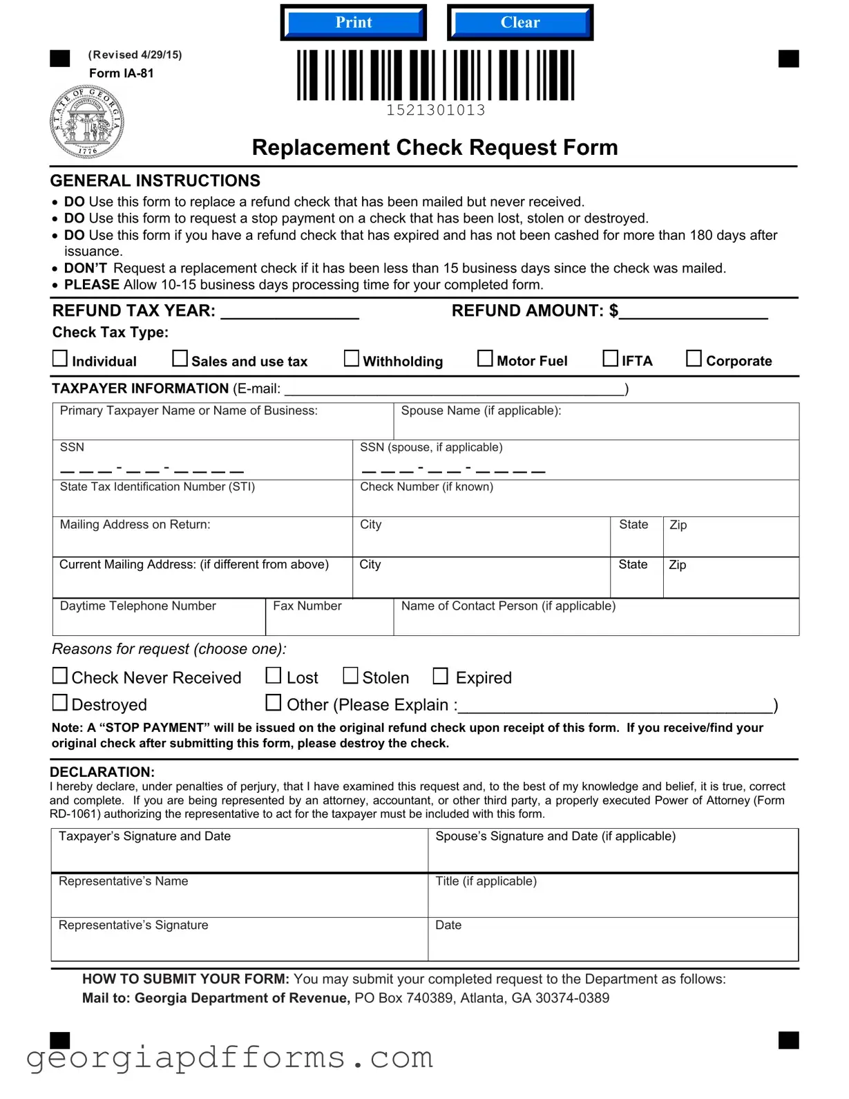 Fill a Valid Replacement Check Request Georgia Template