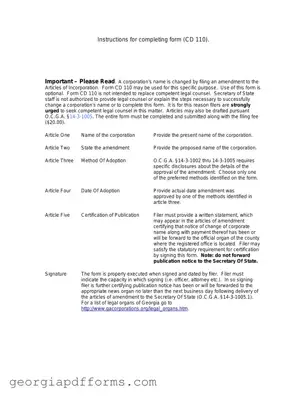 Fill a Valid Articles Of Amendment Georgia Cd 110 Template