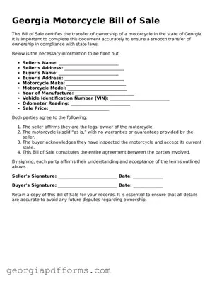 Official Motorcycle Bill of Sale Document for Georgia State