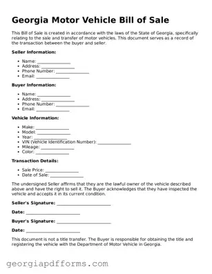 Official Motor Vehicle Bill of Sale Document for Georgia State