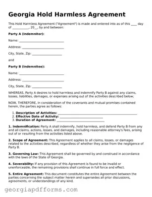 Official Hold Harmless Agreement Document for Georgia State