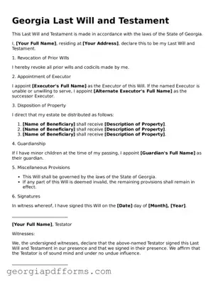 Official Last Will and Testament Document for Georgia State
