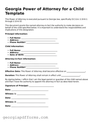 Official Power of Attorney for a Child Document for Georgia State