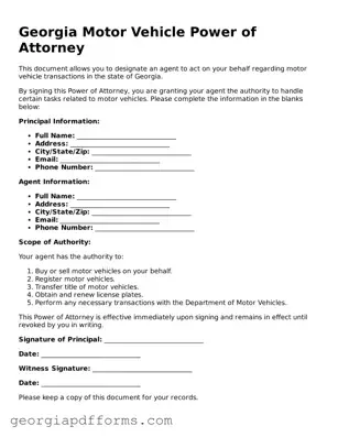 Official Motor Vehicle Power of Attorney Document for Georgia State