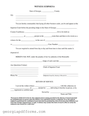 Fill a Valid Georgia Witness Subpoena Template