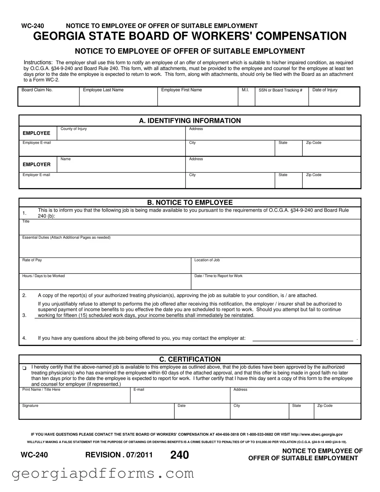 Fill a Valid Wc 240 Georgia Template